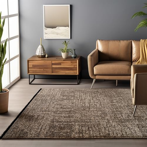HomebyHome Baumwolle Chenille Teppich Braun 200x290 cm Waschbar, Boho-Stil, Vintage Kelim, Kurzflor, rutschfest & Weich, Einfarbig Meliert, Für Wohnzimmer, Schlafzimmer, Büro & Küche