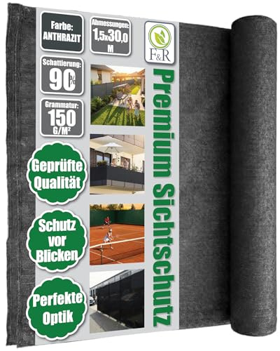 F & R Sichtschutz Garten Zaunblende I Sichtschutz Zaun I Schattiernetz Antrazit PE 1,5m x 30m 150g/m² I Sichtschutzmatte Für Zaun Gartenzaun Gartensichtschutz UV-Stabil Wetterfest