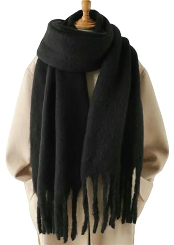 ZBJZUIMEI Sciarpa Sciarpe Invernali da Donna, Coperta Spessa, con Frange Lunghe, Stile Coppia per Lui E Lei-nero-240x38 Cm