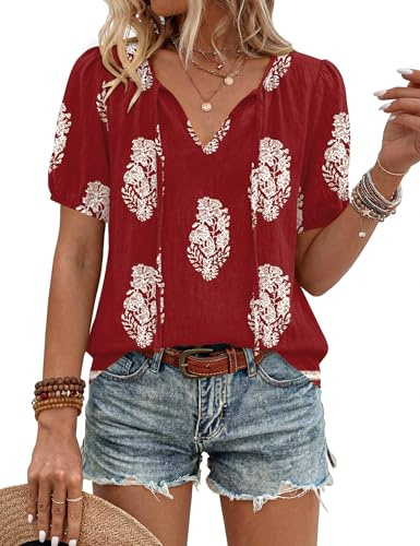 Rapbin Womens Tops Summer Boho V-Neck Tie Front Blouses Short Sleeve Casual Loose-Fit Flowy Tunic Shirts