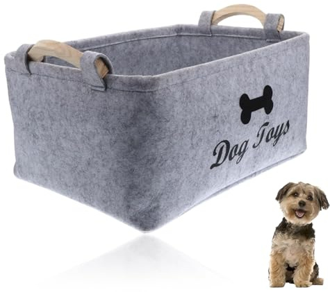 HSHTAM Dog Toy Basket Storage, Felt Pet Supplies Basket Puppy Storage Box with Wooden Handle Personalised Dog Toy for Pet Toys Clothes Leashes (Grey)