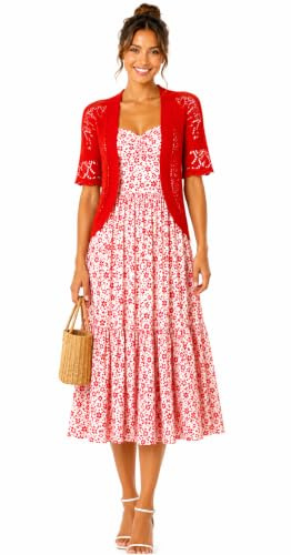 ER Direct Women's Crochet Open Front Lace Knit Short Sleeve Summer Cover Up, Lightweight Hollow Out Cropped Bolero Shrug Cardigan for Dresses, Casual Evening Beachwear (Red-L)