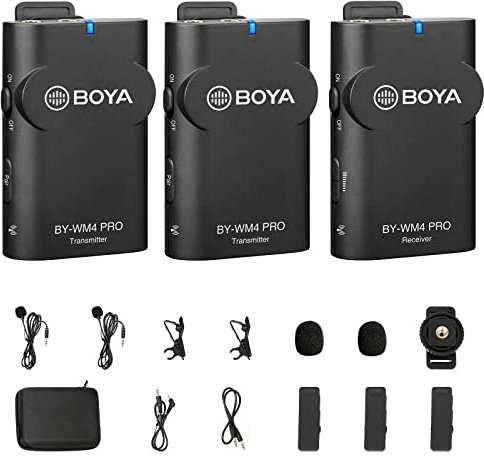 BOYA by-WM4 PRO K2 2,4 GHz 2-Personen-Wireless-Lavalier-Mikrofonsystem für DSLR-, spiegellose und Videokameras, Smartphones, Tablets, PCs und mehr, Schwarz