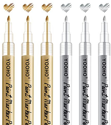 Lot de 3 marqueurs permanents en acrylique pour tissu, verre, roche, bois, céramique, cuir, pneus, pointe extra fine de 0,7 mm (3 pièces dorées + 3 pièces argentées)