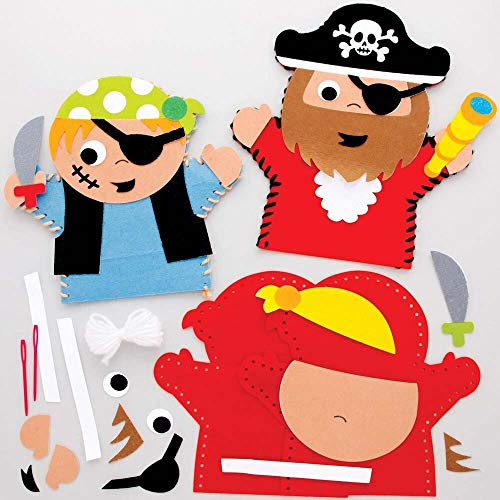 Baker Ross FE268 Kit da Cucito Burattini a forma di Pirata - Confezione da 4, Kit da cucito per bambini, Burattini personalizzati, Burattini per bambini