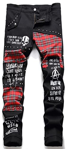 MRLION Jeans Patchwork Scozzesi Rossi Scozzesi da Uomo Punk Rivet Patch Pantaloni di Jeans ​Neri Lettere alla Moda con Teschio Pantaloni Dritti Slim Stampat,Nero,30