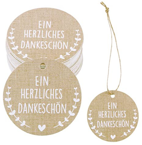 50 Stk Danke Anhänger Geschenkanhänger Hochzeit Etiketten Ein Herzliches Dankeschön Rund Vintage Gastgeschenke Kommunion Konfirmation Deko und Jute Schnur Papieranhänger zum Basteln Taufe