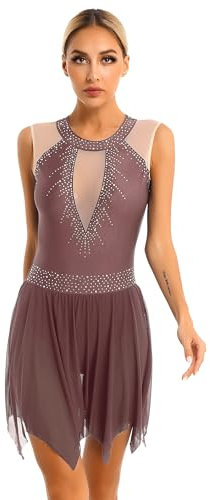 inlzdz Konståkningsklänningar dam, dansklänning, tröja, leotard med mesh, tyllkjol, glitter, balettklänning, balettkläder, ärmlös tröja, gymnastikdräkt, BRUN, L