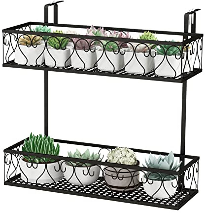 COSTWAY Porta Piante a 2 Livelli, Portavasi da Appender con Ganci Regolabili da 5,5-12,5 cm, Portafiori in Metallo da Esterno per Balcone e Recinto, Carico Massimo 30kg, Nero