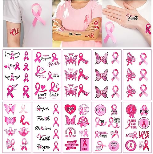 HOWAF 10 Feuilles Autocollants de Tatouage de Ruban Rose Cancer du Sein Octobre Rose Tatouage Temporaire Faux Tatouages Femmes pour la Sensibilisation au Cancer du Sein Ruban Octobre Rose Accessoires