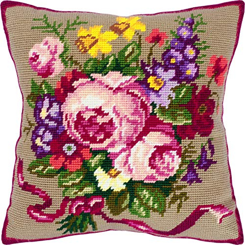 Brvsk klassisk bukett. Broderi kit med tryckt gobelängduk (40 × 40 cm) – broderikudde kit för kreativ heminredning – handarbetskit för vuxna nybörjare