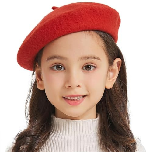ZLYC - Berretto in lana per bambini, berretto da artista francese a tinta unita per ragazze, Rosso, Taglia unica