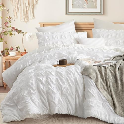 Tospass Seersucker Bettwäsche 135x200 2Teilig Weiß Geprägt Gebürstet Microfaser Aesthetic Bettwäsche-Sets Weich Kuschelig, 1 Bettbezüge 135x200 und 1 Kissenbezüge 80x80 mit Reißverschluss