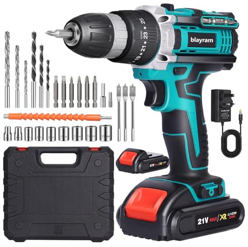 blayram 21V Power Cordless Drill Set with 2 Batteries 2000mAH, Handheld Screwdriver Drill Set with 25+3 Torque Setting, 27PCS Drill Bits 2 Speed, LED Light for Home and Garden DIY Project
