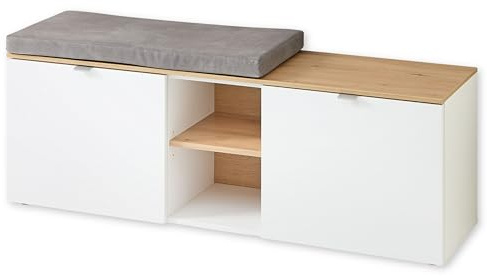 BARI Schuhbank in Weiß, Artisan Eiche Optik FSC-zertifiziert - Moderne Sitzbank mit Stauraum für Ihren Flur - 128 x 50 x 38 cm (B/H/T)