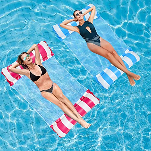 Idota Lot de 2 hamacs gonflables pour piscine 4 en 1 avec filet, matelas gonflable, jouet de piscine pour l'été, les fêtes au bord de la piscine, hamac d'eau (rose et bleu)