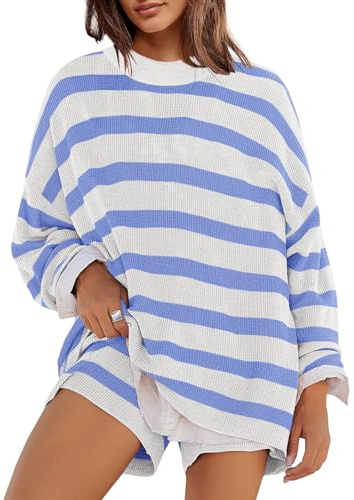 Panadila Womens Striped Lounge Set 2 Piece Pajama Sets, Light Blue, M