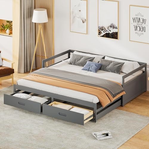 Soweiz Sofá cama extensible 90/180 x 190 cm, con cajones y somier, cama de pino con espacio de almacenamiento, cuna multifuncional (gris)