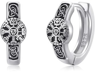 Wikinger Ohrringe für Männer Frauen 925 Sterling Silber Herren Ohrringe Schwarz Nordic Creolen Ohrring Vegvisir Schmuck für Männer Frauen Unisex Jungen Mädchen, Sterling Silber