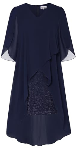 Hanna Nikole Vestido de cóctel de gasa para mujer, talla grande, cuello en V, vestido de noche con capa y superposición, azul oscuro, S