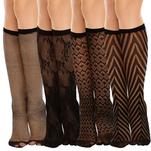 AOZUO 4 Paires Mi Bas Femme en Dentelle, Chaussettes Hautes Noires, Bas Résille Transparents Montants Élégants Et Sexy en Maille
