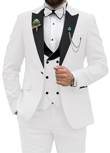 Herrkostym i 3 delar, kostym med åtsittande passform för bröllopsfest, bal, kostym med en knapp, set med jacka, väst och byxor, Vitt, XXL