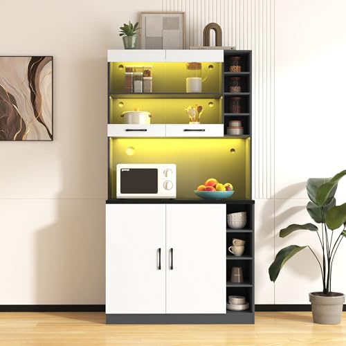 KecDuey Armario alto, armario de cocina, 100 x 47 x 187 cm, buffet con iluminación LED ambiental y agujeros para cables, tablero de cocina de madera, gran espacio para microondas, estantes (blanco y