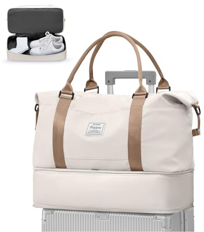 WEPLAN Duffelväska Dam Handbagage Väska 40x20x25 Ryanair Weekendväska Kvinnor Män övernattningsväska Kabinväska Sportväska Sjukhusväska med Skofack Kappsäck Gymväska Resväska,A01-Beige med Brunt