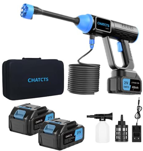 Idropulitrice Portatile a Batterie，Con 2 batterie da 4,0Ah e tubo flessibile da 5 m, ugello 6 in 1 per innaffiare, pulire, lavare l'auto e lavare i pavimenti