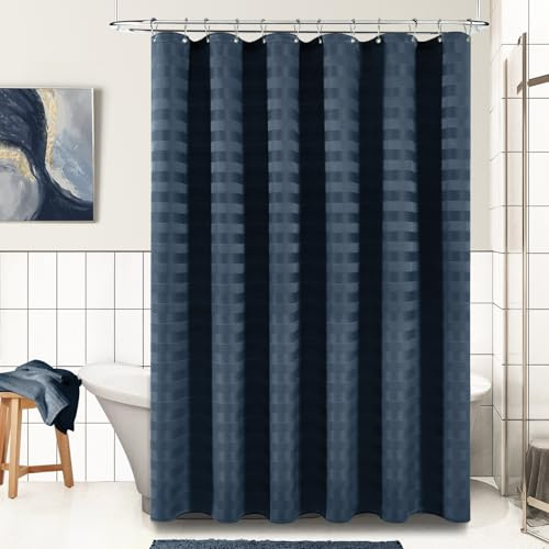 PANGSINNE Navy Shower Curtain for Bathroom Striped Heavy Duty 80 Inch Shower Curtain Set for Bathroom, Water Repellent 230GSM Neutral Fabric Shower Curtains with 12 Metal Hooks, 72Wx80H