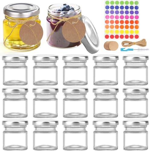 Mssushi 15 Tarros Pequeños De Cristal,Botes Cristal Pequeños,50ml Mini Botella De Vidrio Con Etiquetas Y Cuerda, Cepillo De Limpieza,Pegatina,Para Regalos De Boda,Especias,Hierbas,Mermeladas
