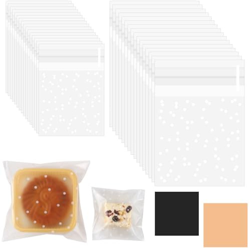 200Pcs Cellophane Bags - 10 x 10 cm, 14 x 14 cm, Self Adhesive Small Plastic Packaging Bags with White Dot, Clear Frosted Plastic Package for Sweet Cookie Chocolates Biscuit Candy