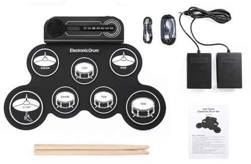 NEWFUN Bateria Electrica, Almohadilla de Práctica para Batería Enrollable con 7 Almohadillas de Silicona con Mazas y Pedal para Principiantes