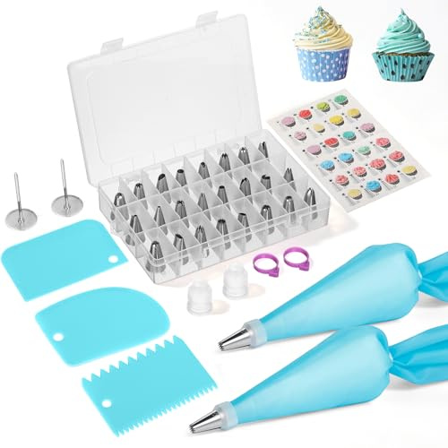 Romon Kit 35 Pezzi Sacca a Poche Blu, saccapoche con 24 beccucci, 2 sac a poche riutilizzabile TPU, anelli in silicone per decorazione di torte, biscotti, glassa e cupcake