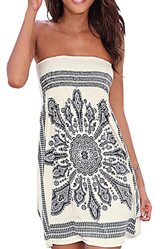 EMMA Verano sin Tirantes de Hombro Mujer Bohemia Falda Casual Estampado Floral Colorido Mini Vestidos de Playa, (WH,XL)