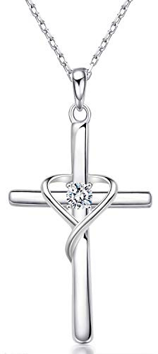 AmorAime 925 Sterling Silver Cross Necklace for Women Men 14K Gold Plated 5A CZ Birthstone Necklaces for Holiday (D.white-CZ-April)