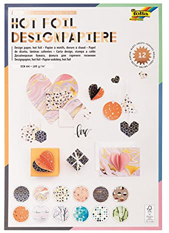 folia 11849 - Designpapier Block Hotfoil, DIN A4, 165 g/qm, 12 Blatt sortiert in verschiedenen Motiven, hochwertig illustriertes Papier mit Heißfolienapplikation