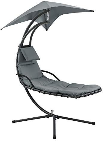 [en.casa] Hängeliege mit Sonnendach Schwebeliege mit Polsterauflage 120 kg Schwingliege Relaxliege Stahlgestell Polyester Grau