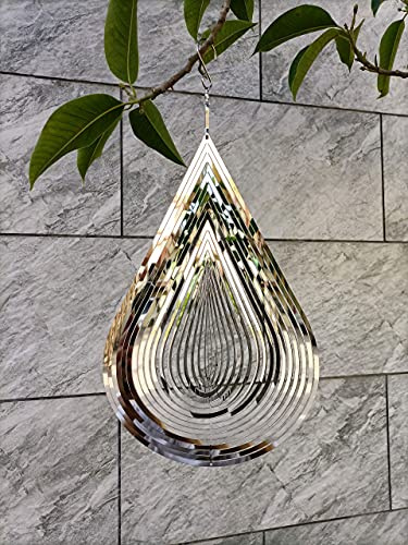 Wind Spinner Flowing-Light Effect Courtyard Decorations Made of Stainless Steel House Hanging Decoration 12âx 8â Spinners with a 360° Rotating Hook (1 pc Water Drop-Silver)