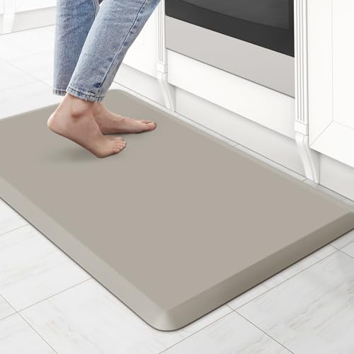 KitchenClouds Kitchen Mat Cushioned Anti Fatigue Rug 17.3x28 Water Resistant Non Slip Standing Desk Mat Comfort Floor Mats for Kitchen House Sink Office (Khaki)