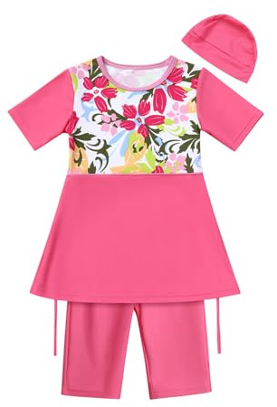 IWEMEK Fille Maillot de Bain Anti UV 50+ Protection Solaire Haut Manches Longues Hijab Bonnet + Pantalon à Volants Costume Plongée Natation Surf Musulman Islamique Enfant #Court Rose 11-12 Ans