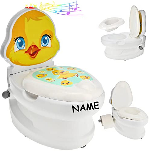alles-meine.de GmbH Kindertoilette/Töpfchen Spülgeräusch + Licht Ente - inkl. Name mit Wasserspülung Sound - Nachttopf/Babytopf - mit Deckel - weiß - Musik - Toilettent..