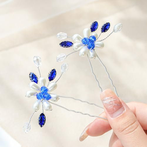Flayem Elegante Haarnadeln mit Perlen und Kristallen, Blumendesign in Blau und Weiß, Hochzeit Haarschmuck