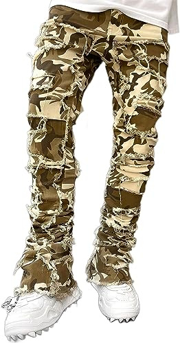 Vaqueros Rasgados para Hombre Vaqueros Ajustados y Apilados Pantalones de Calle Pantalones Retro Hip-Hop Vaqueros Ajustados Vaqueros de imitación elásticos