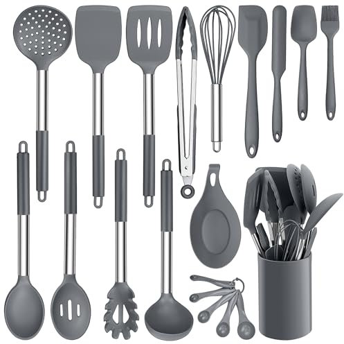 HaWare Set di 20 Utensili da Cucina in Silicone con Manico in Acciaio Inox, Resistente al Calore, Lavabile in Lavastoviglie, Grigio