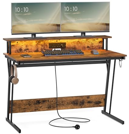 VASAGLE Gaming Desk with LED Lights and Built-In Power Outlets, Computer Desk with Monitor Shelf, Gaming Table for 2 Monitors, Office Desk, for Bedroom
