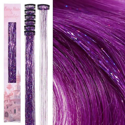 WENNALIFE 6 clips de oropel para niñas, color morado, extensiones de pelo de oropel de 24 pulgadas, clips coloridos con purpurina, accesorios para el pelo de hadas brillantes para niños