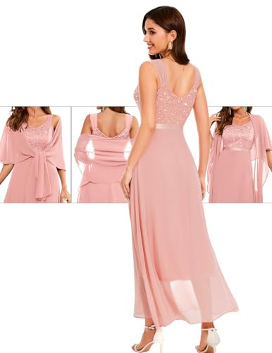 Berylove Damaftonklänning, lång paljettklänning, cocktailklänning, elegant för bröllop, festlig klänning med stola, tvådelad, Blush, XXL