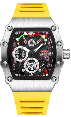 RORIOS Orologi da Polso Tonneau da Uomo Orologio Moda Quarzo Orologi Luminosi Analogico Orologio Sportivo Acciaio Inossidabile con Cinturino in Silicone Giallo