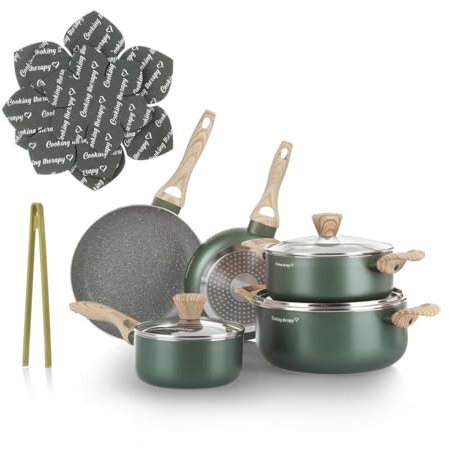 KASANOVA Batteria pentole Cooking Therapy, Set pentole induzione e padelle antiaderenti con paletta, Set cucina completo con scritta al laser e manici effetto legno (12)